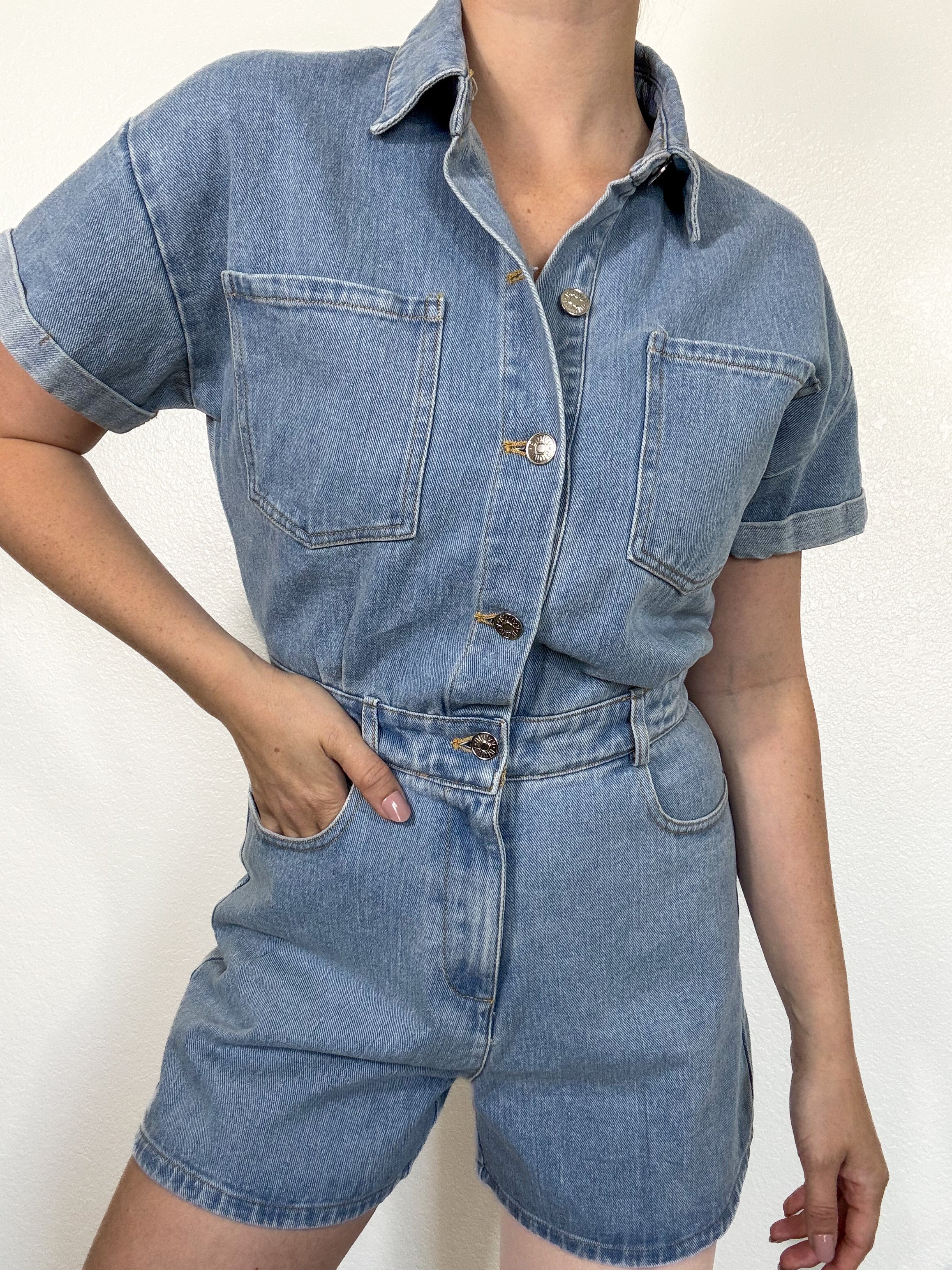 Lexi Button Down Denim Shirt Romper